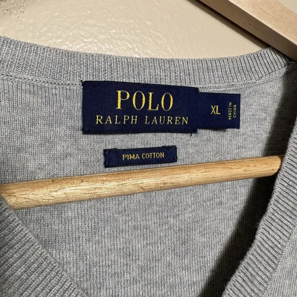 Polo Ralph Laure Mens XL Gray Pima Cotton Sweater Vest V-Neck Classic Preppy